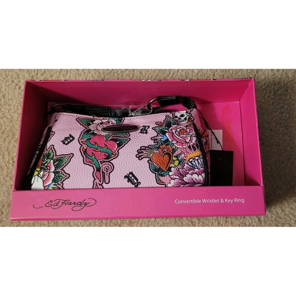 Ed Hardy Gift Box Convertible Wristlet Skull Floral Pink. NO KEY RING!! - Picture 2 of 9